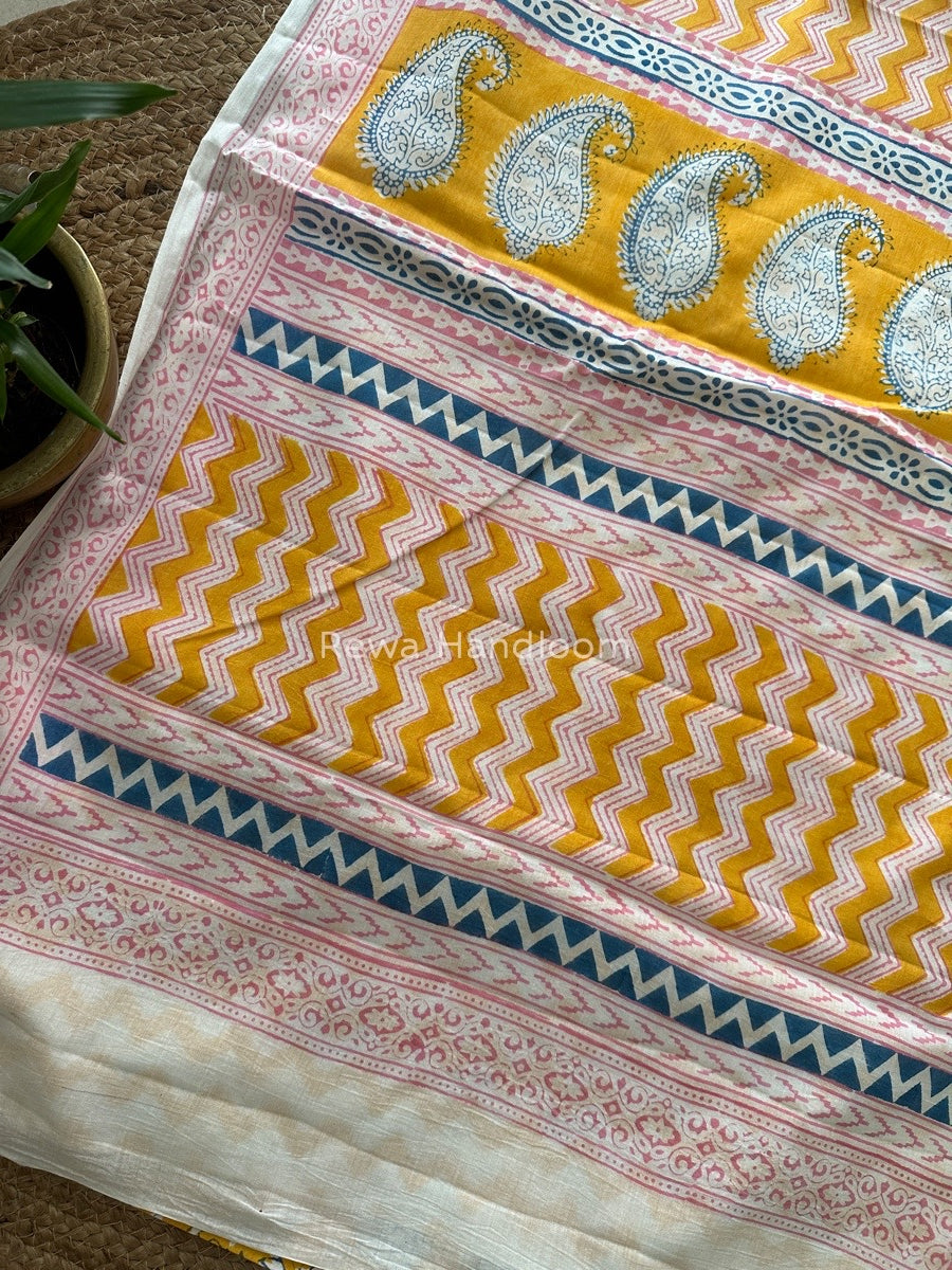 Yellow Indigo Cotton Saree IND025