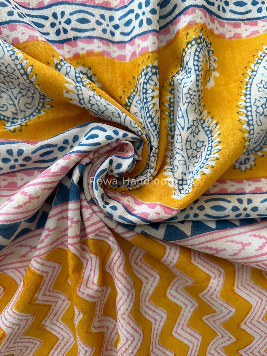 Yellow Indigo Cotton Saree IND025