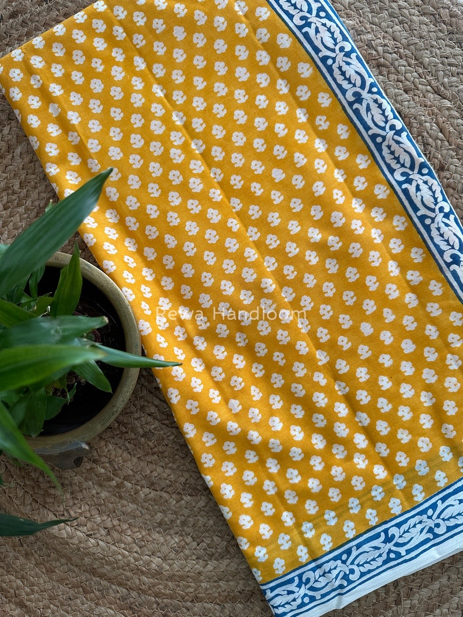 Yellow Indigo Cotton Saree IND021