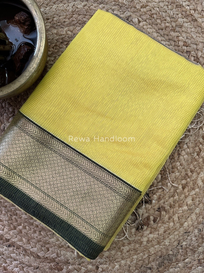 Exclusive Maheshwari Lemon Yellow Tissue Silk Saree ZTS0107