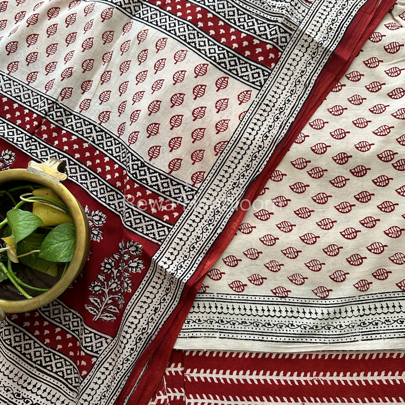 White-Red Bagh Print Cotton Suit-BCS76