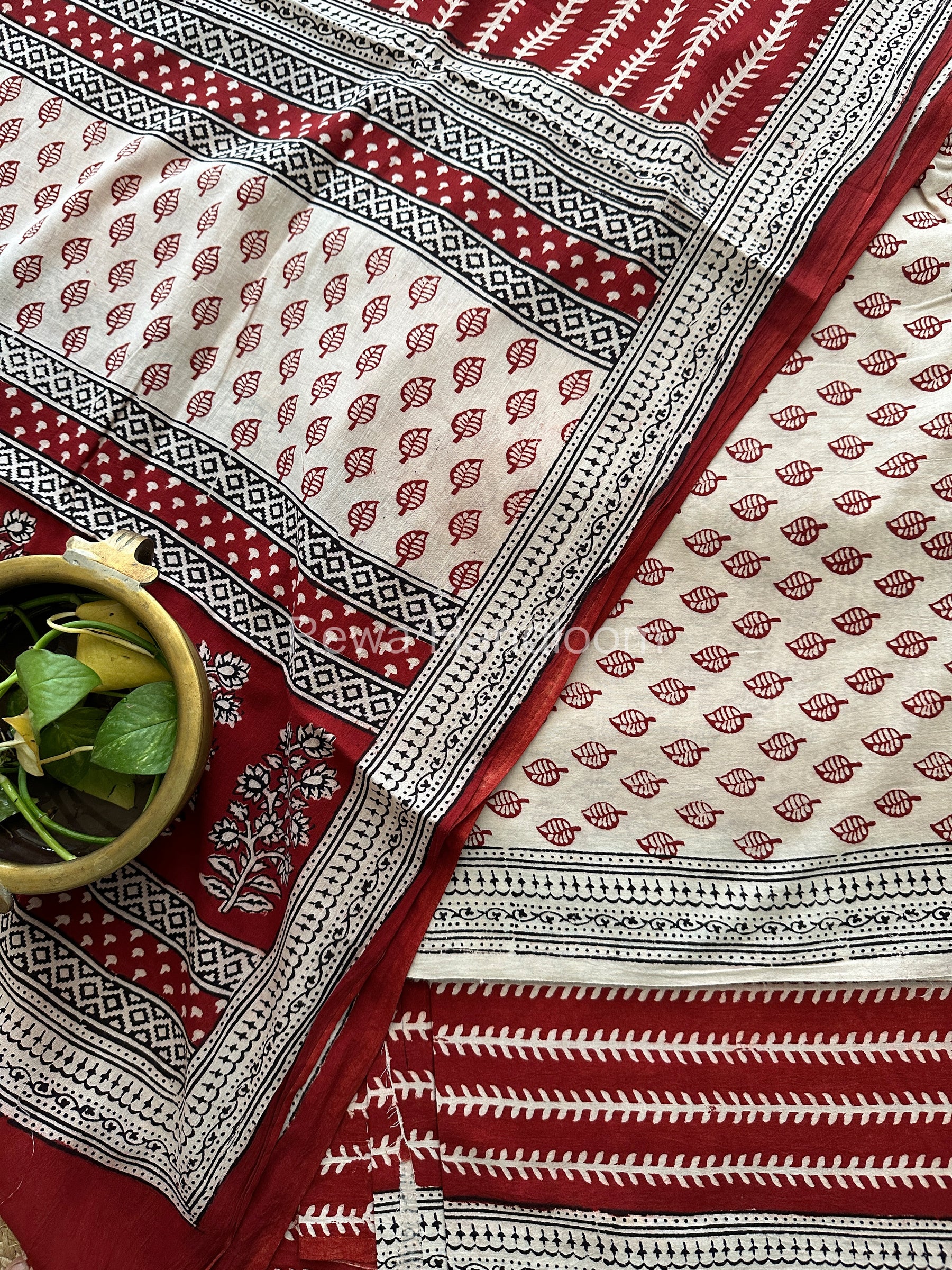 White-Red Bagh Print Cotton Suit-BCS76