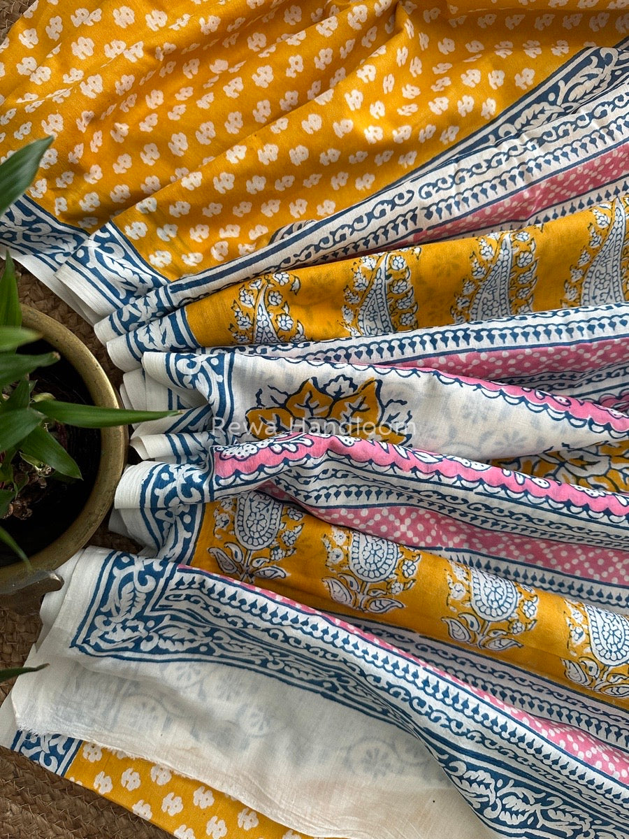 Yellow Indigo Cotton Saree IND021