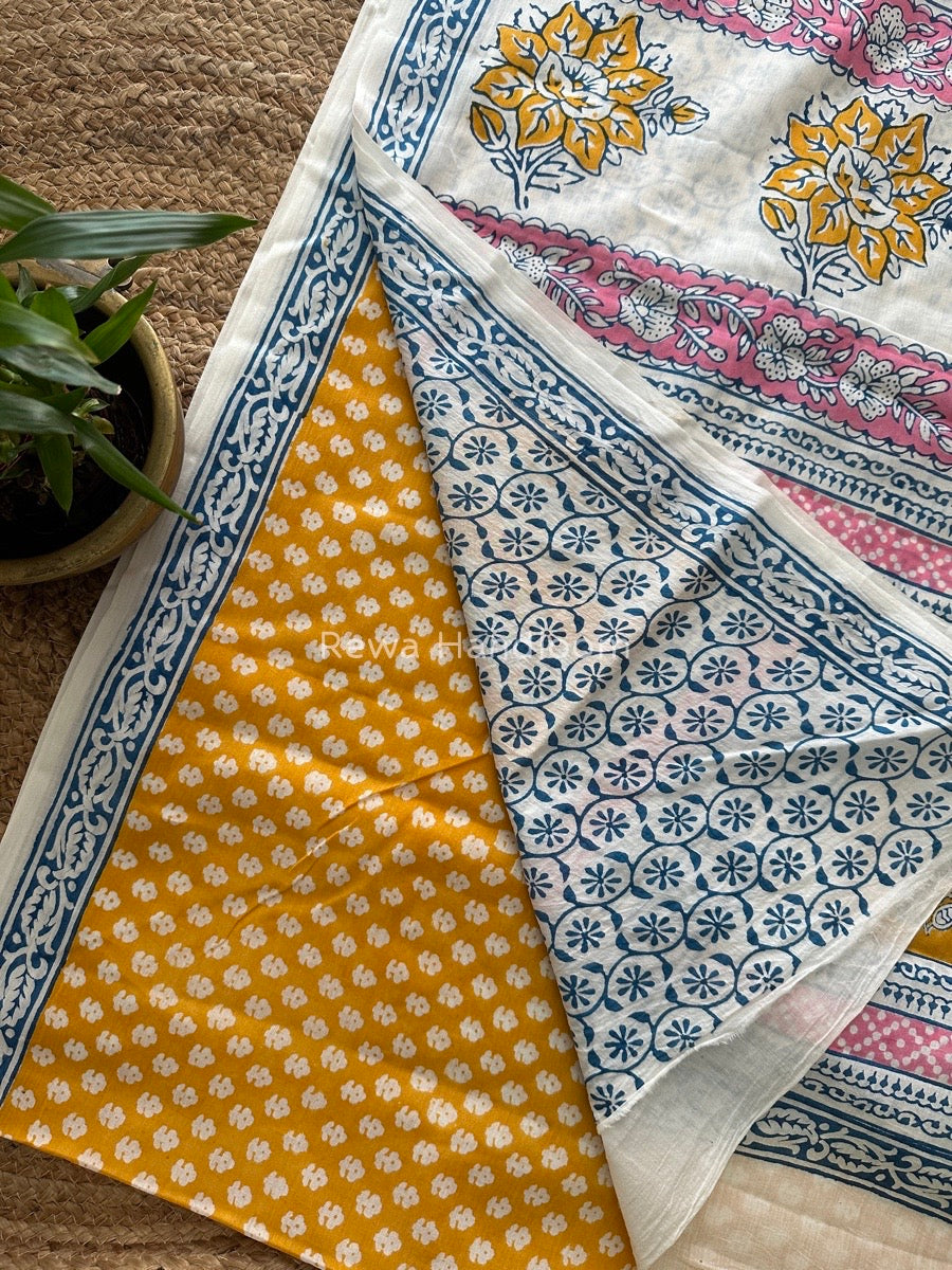 Yellow Indigo Cotton Saree IND021