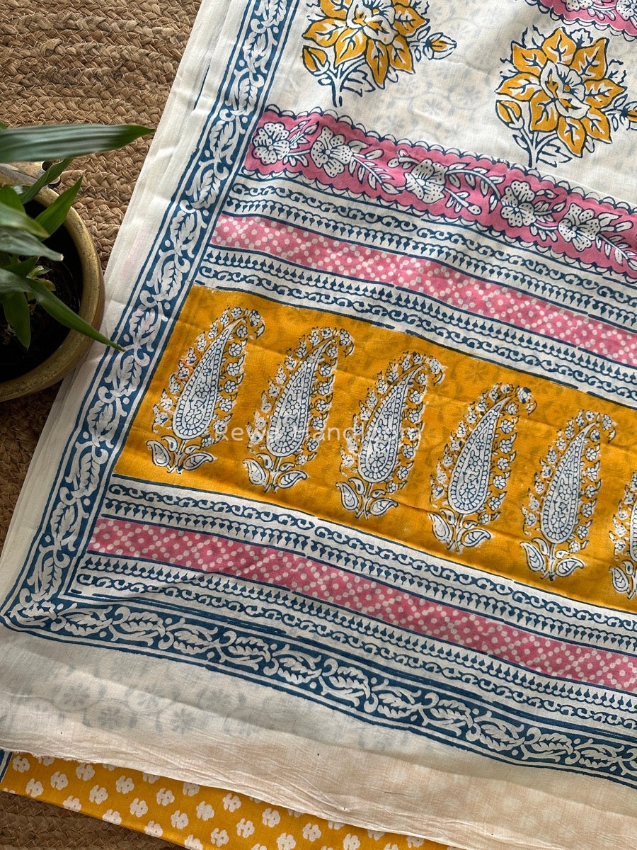 Yellow Indigo Cotton Saree IND021
