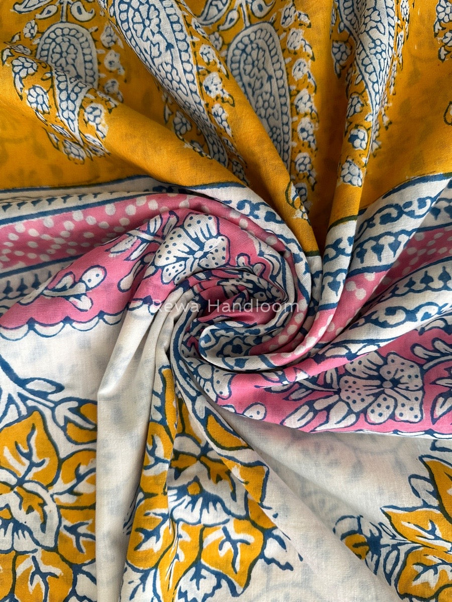 Yellow Indigo Cotton Saree IND021