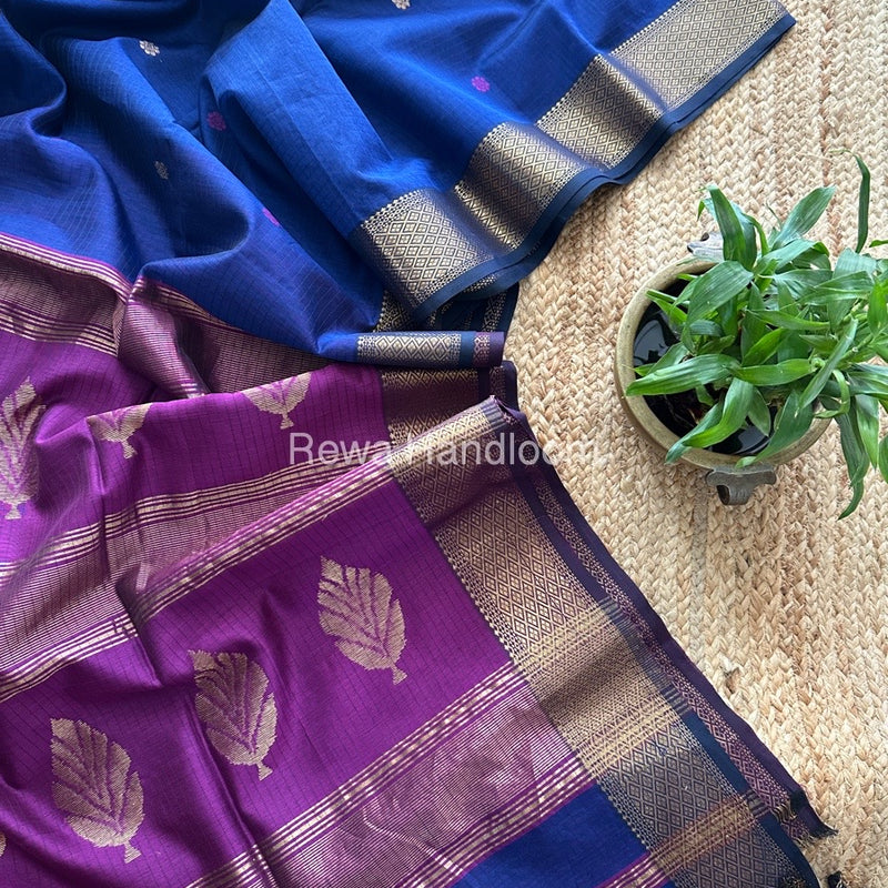 Blue-Purple Butta Pallu Zari Border Maheshwari Saree BTPS057