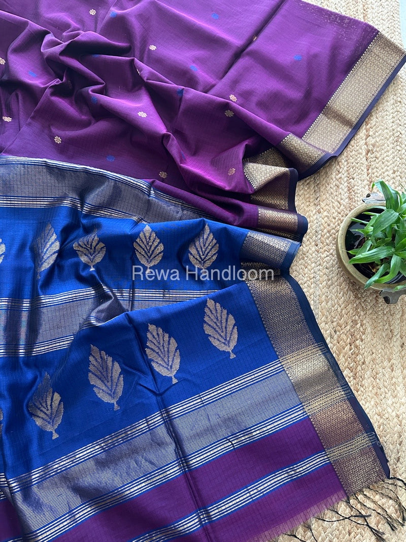 Purple-Blue Butta Pallu Zari Border Maheshwari Saree BTPS056