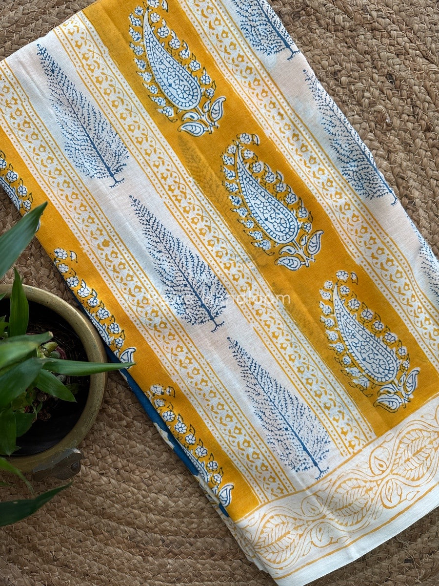 Cream Indigo Cotton Saree IND02