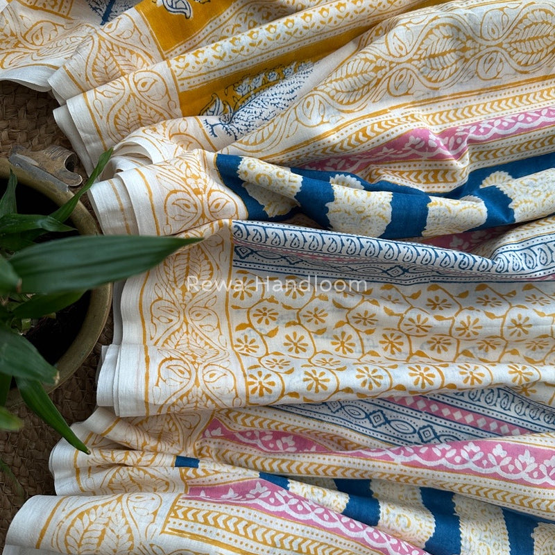 Cream Indigo Cotton Saree IND02