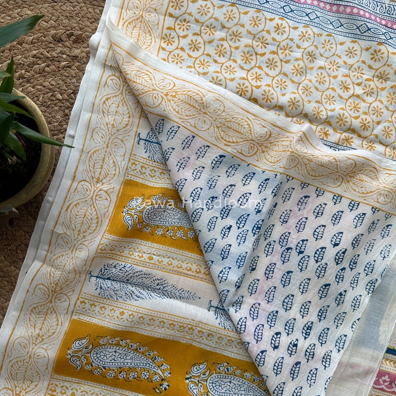 Cream Indigo Cotton Saree IND02