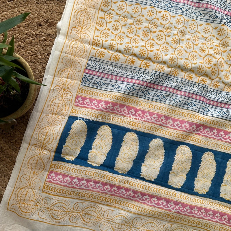 Cream Indigo Cotton Saree IND02