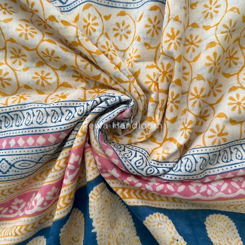 Cream Indigo Cotton Saree IND02