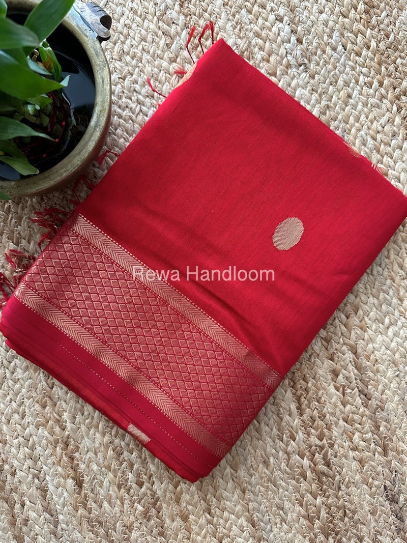 Red Coin Butta Pallu Zari Border Saree ~ Maheshwari Saree-SBS-016