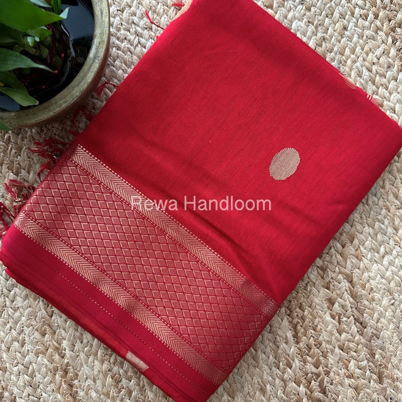 Red Coin Butta Pallu Zari Border Saree ~ Maheshwari Saree-SBS-016