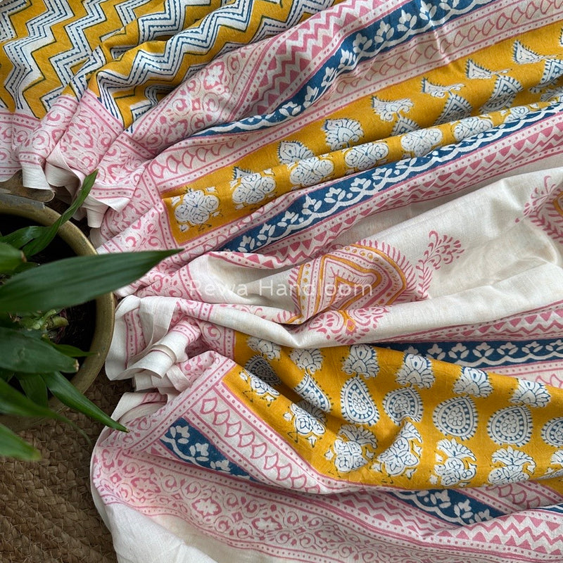 Yellow Indigo Cotton Saree IND09