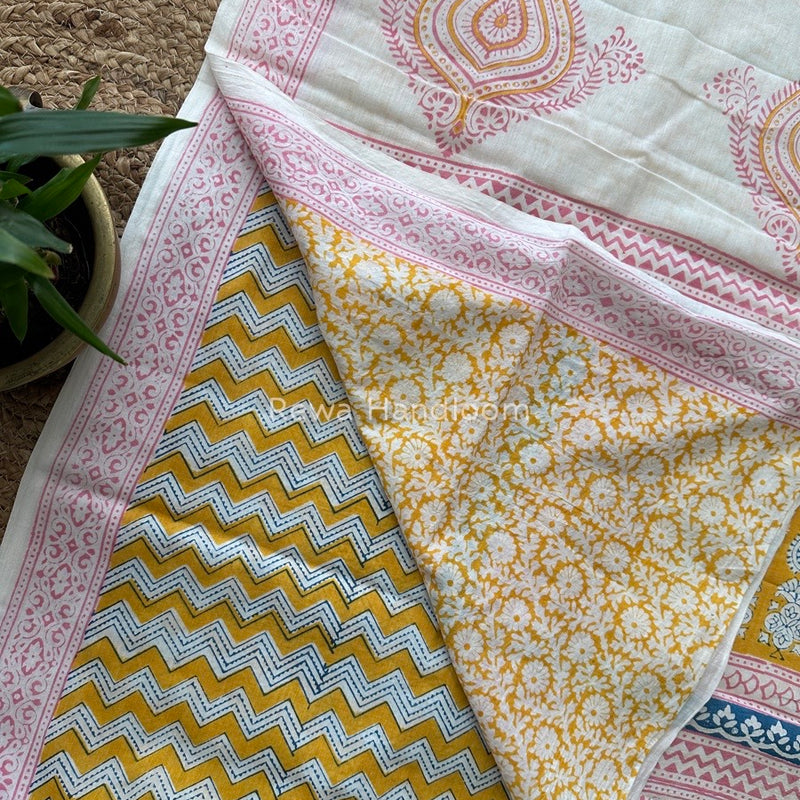 Yellow Indigo Cotton Saree IND09