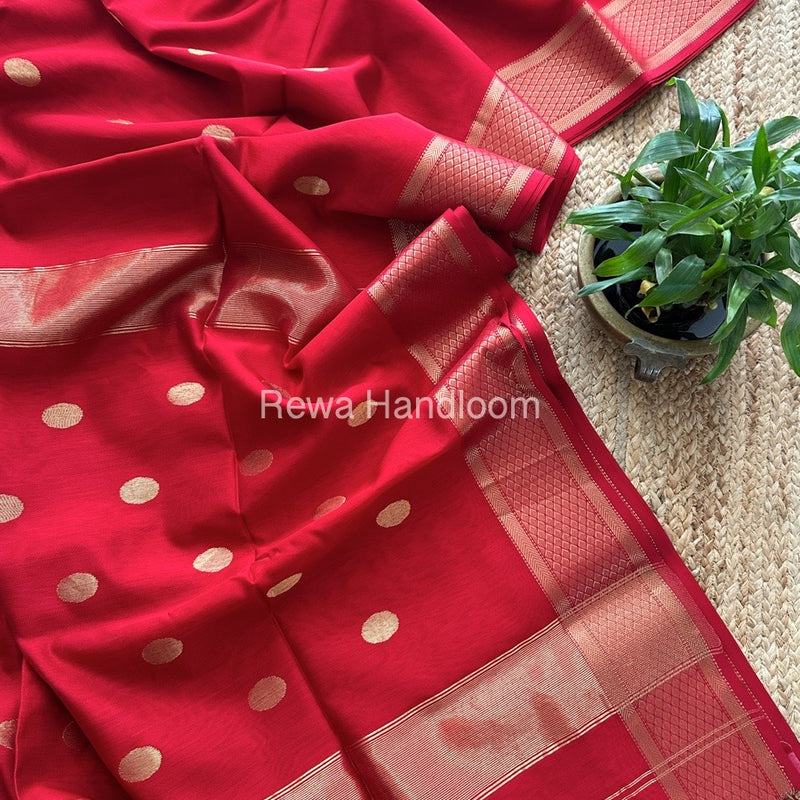 Red Coin Butta Pallu Zari Border Saree ~ Maheshwari Saree-SBS-016