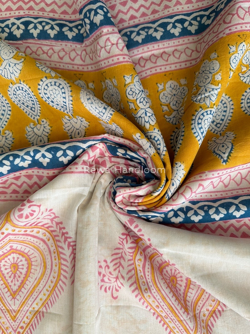 Yellow Indigo Cotton Saree IND09