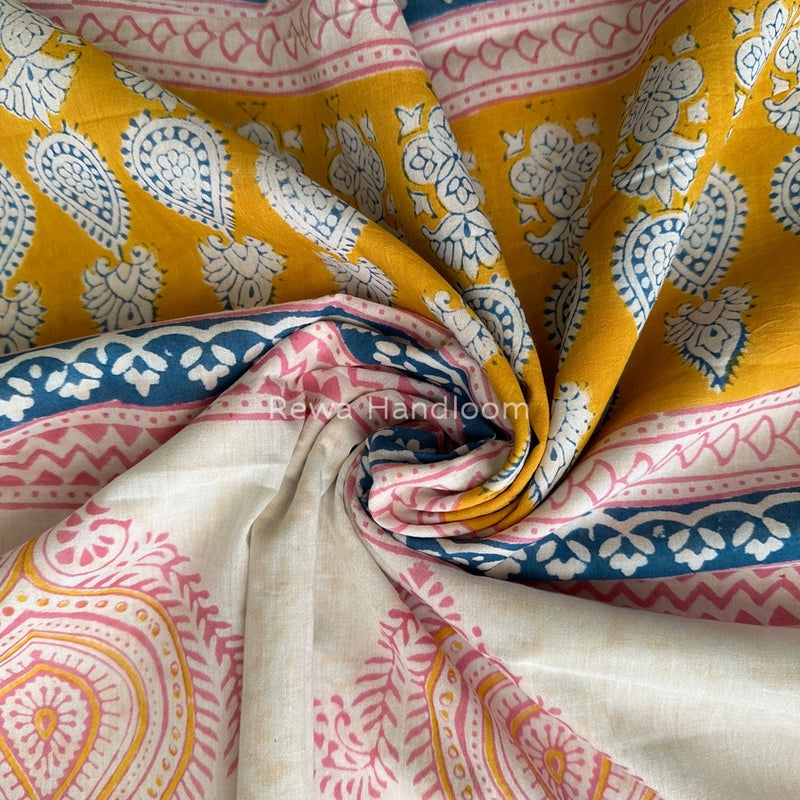 Yellow Indigo Cotton Saree IND09