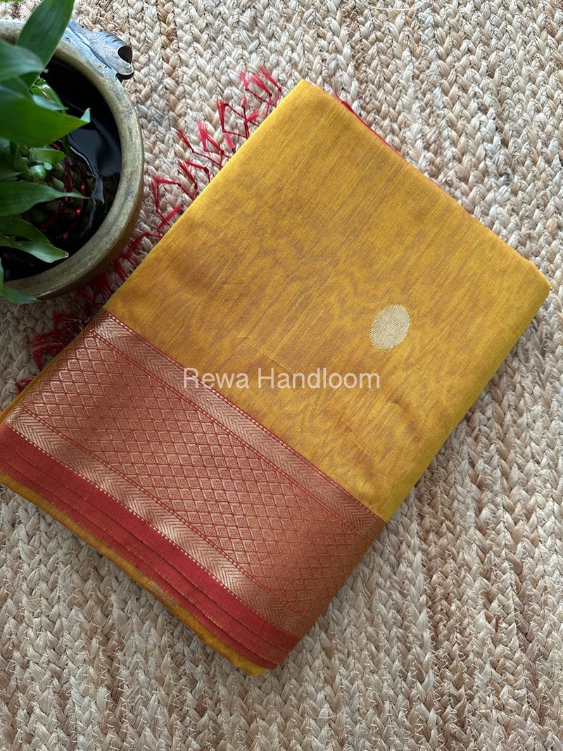Mustard Yellow Coin Butta Pallu Zari Border Saree ~ Maheshwari Saree-SBS-015