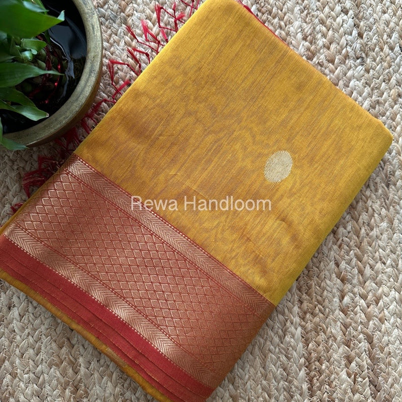 Mustard Yellow Coin Butta Pallu Zari Border Saree ~ Maheshwari Saree-SBS-015