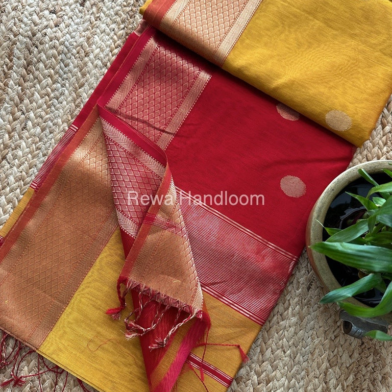 Coin Butta Pallu Zari Border Saree ~ Maheshwari Saree