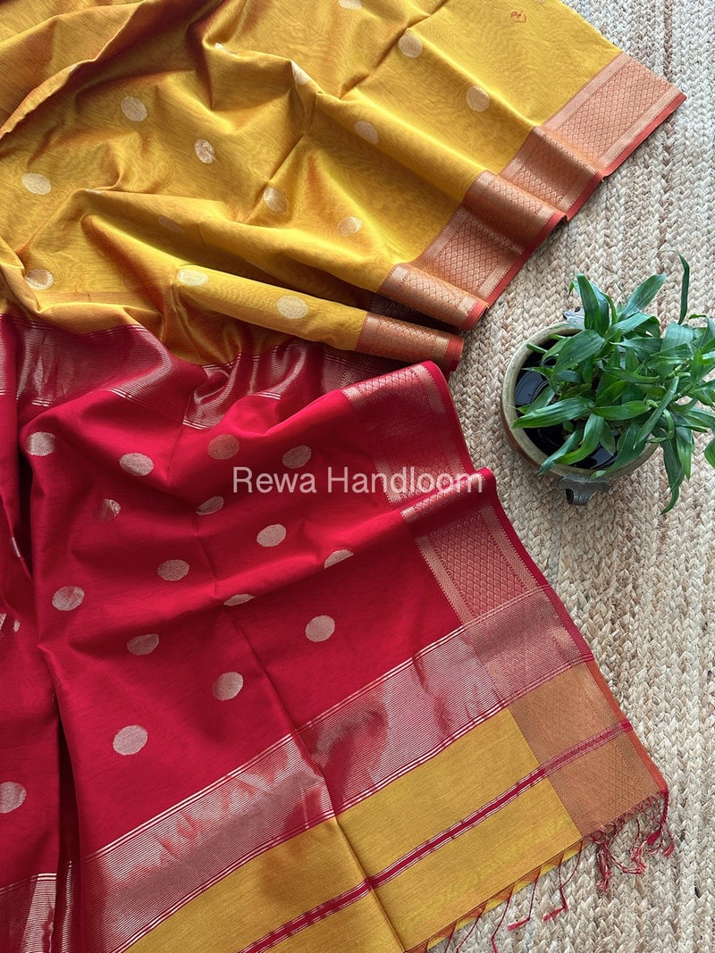 Mustard Yellow Coin Butta Pallu Zari Border Saree ~ Maheshwari Saree-SBS-015