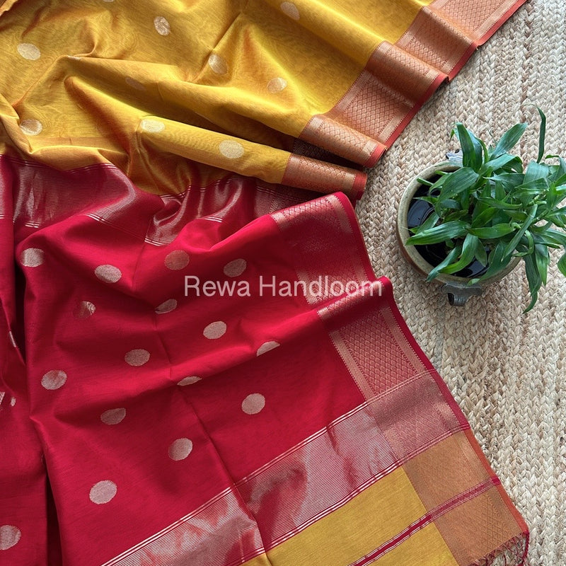 Mustard Yellow Coin Butta Pallu Zari Border Saree ~ Maheshwari Saree-SBS-015