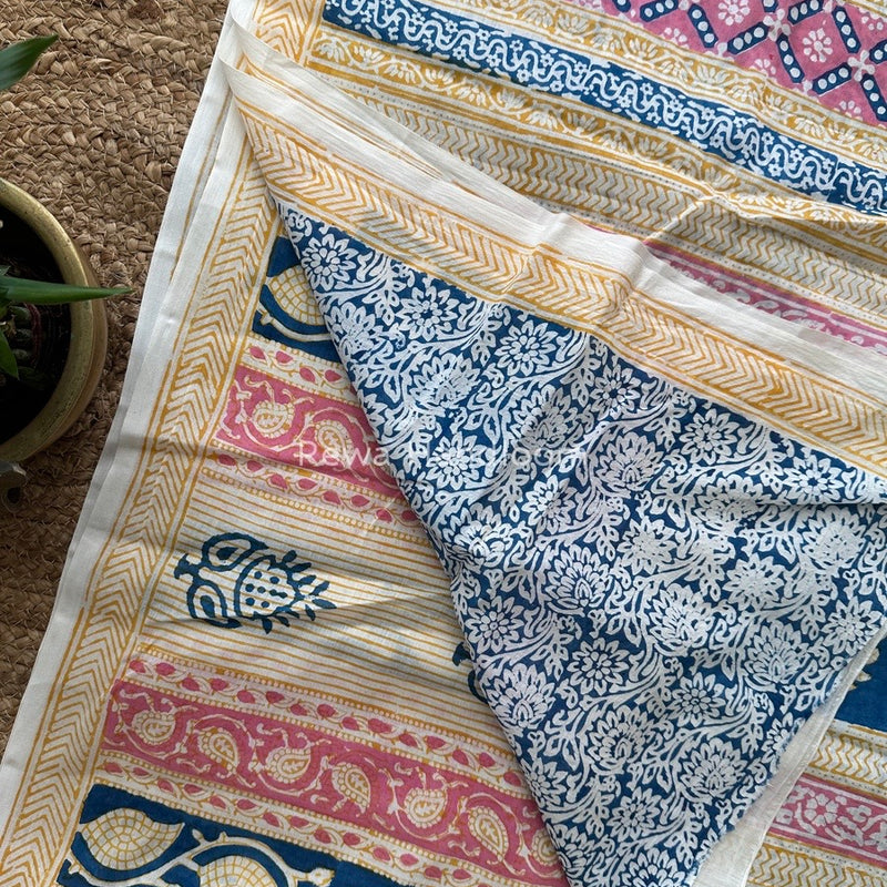 Cream Indigo Cotton Saree IND06