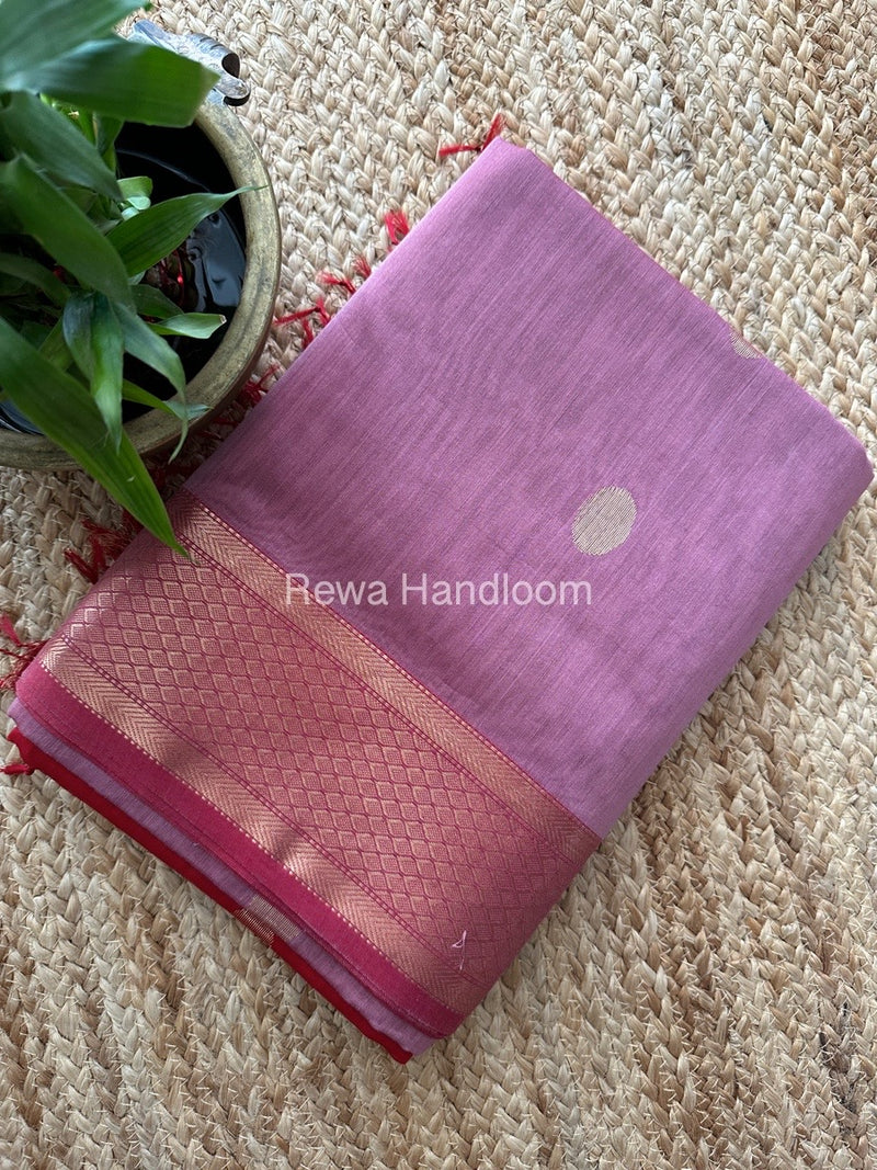 Onion Pink Coin Butta Pallu Zari Border Saree ~ Maheshwari Saree-SBS-014