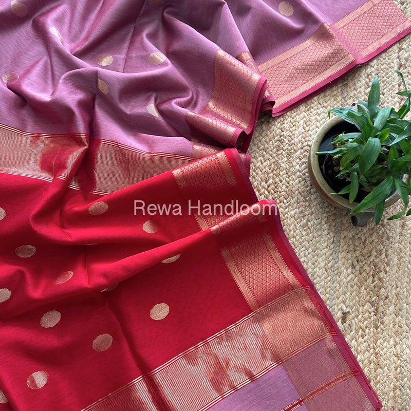 Onion Pink Coin Butta Pallu Zari Border Saree ~ Maheshwari Saree-SBS-014