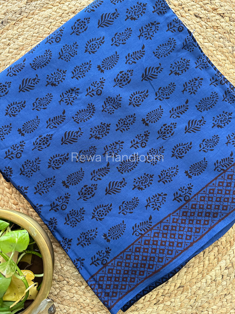 Blue-Black Bagh Print Cotton Suit-BCS81