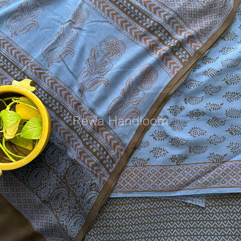 Blue-Black Bagh Print Cotton Suit-BCS81
