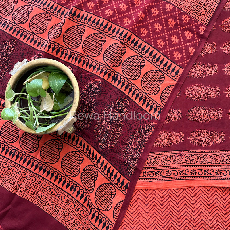 Maroon-Orange Bagh Print Cotton Suit-BCS83