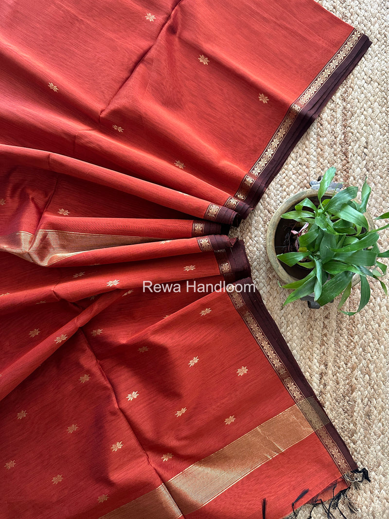 Rust Orange Star Butti Maheshwari Saree SSB055