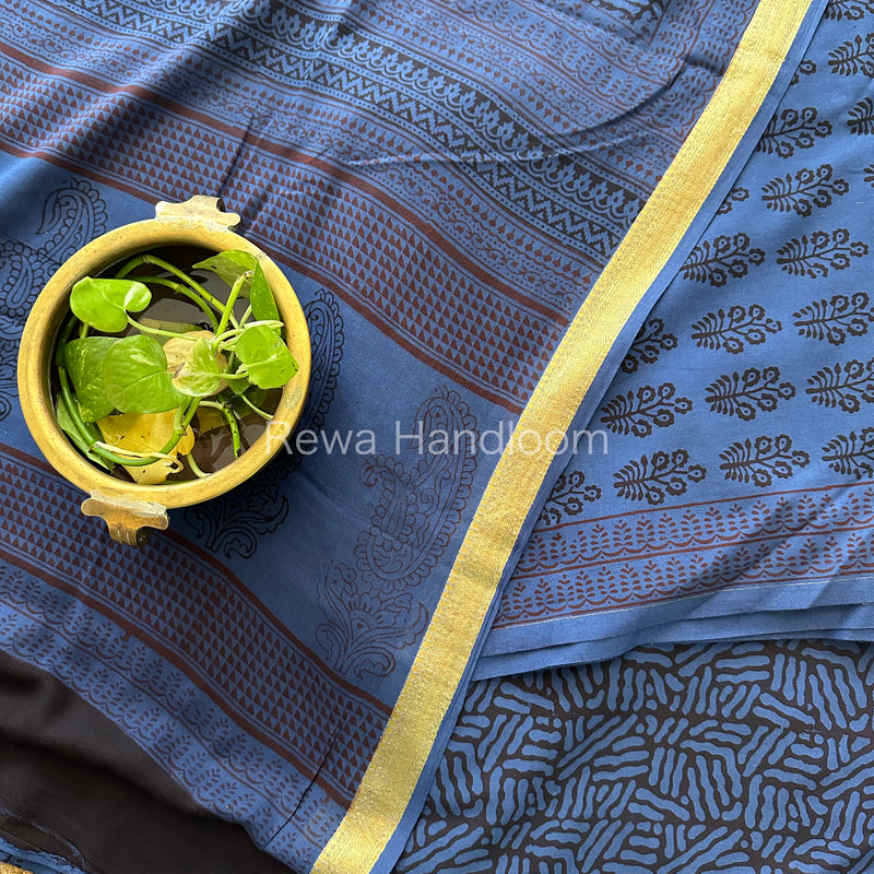 Blue-Black Bagh Print Cotton Suit-BCS86