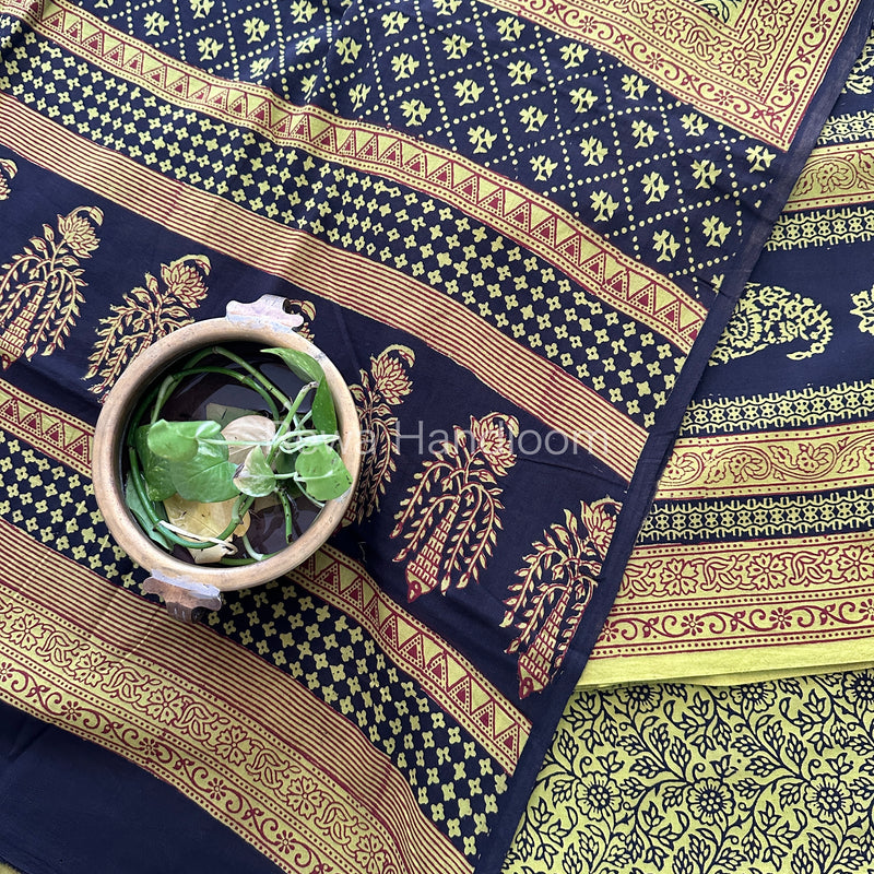 Black-Parrot Green Bagh Print Cotton Suit-BCS87