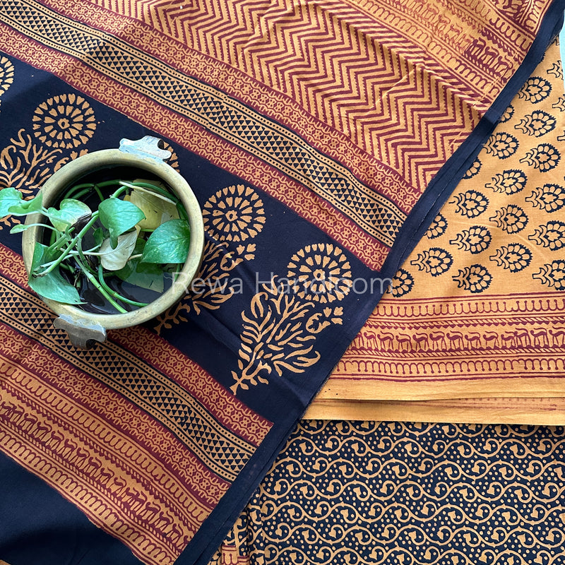 Mustard Yellow-Black Bagh Print Cotton Suit-BCS88