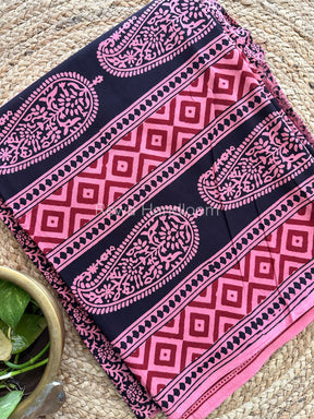 Pink-Black Bagh Print Cotton Suit-BCS91