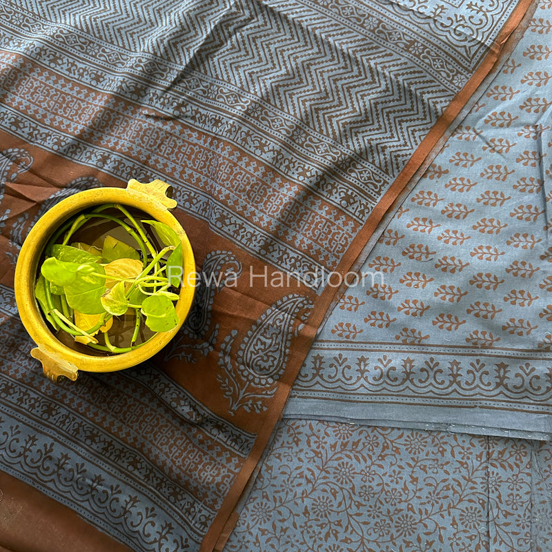 Blue-Brown Bagh Print Cotton Suit-BCS78