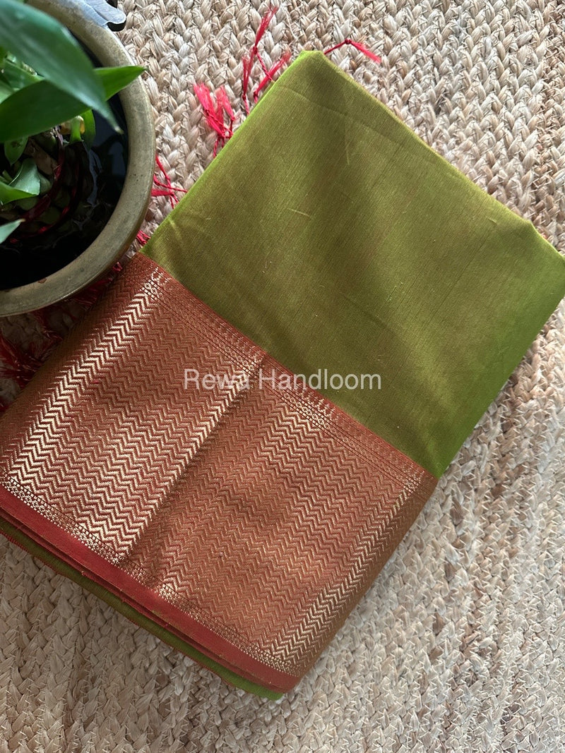 Maheshwari Chutney Green Zari Border Plain Saree ZS0106