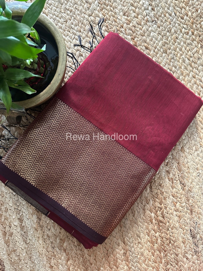 Maheshwari Maroon Zari Border Plain Saree ZS0102