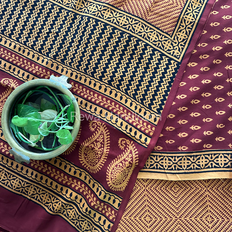 Maroon-orange Bagh Print Cotton Suit-BCS100