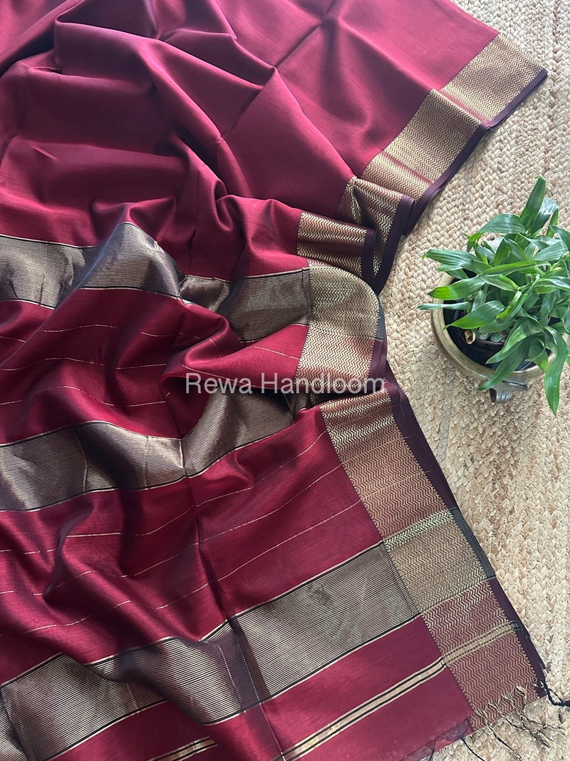 Maheshwari Maroon Zari Border Plain Saree ZS0102