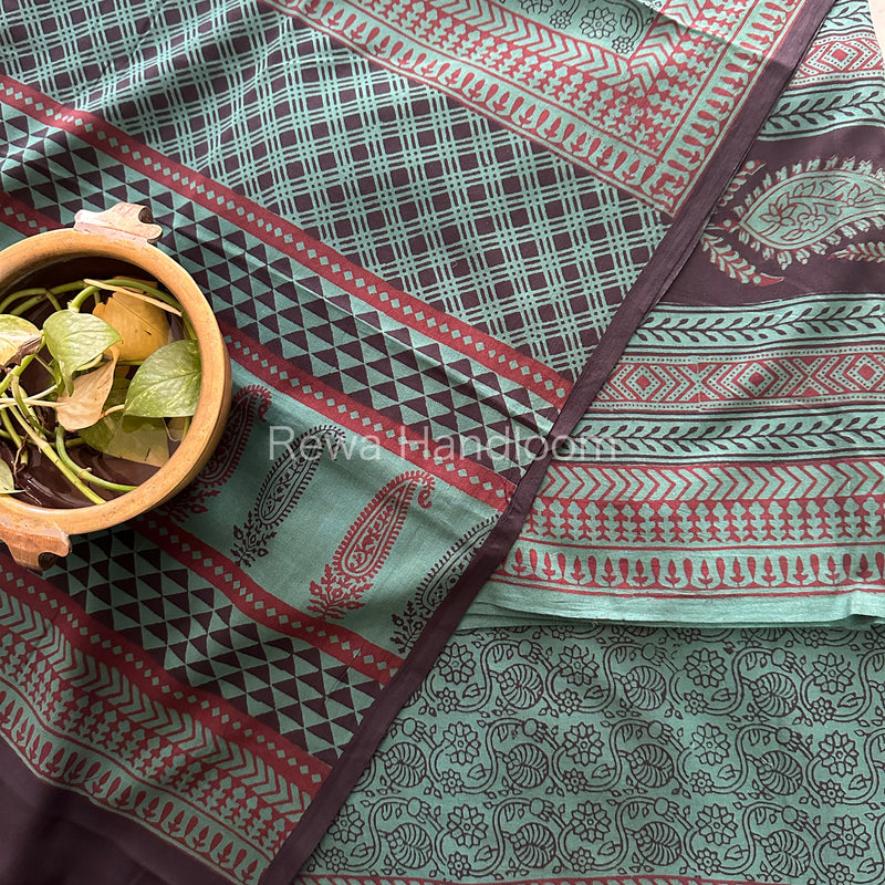Green-Black Bagh Print Cotton Suit-BCS92