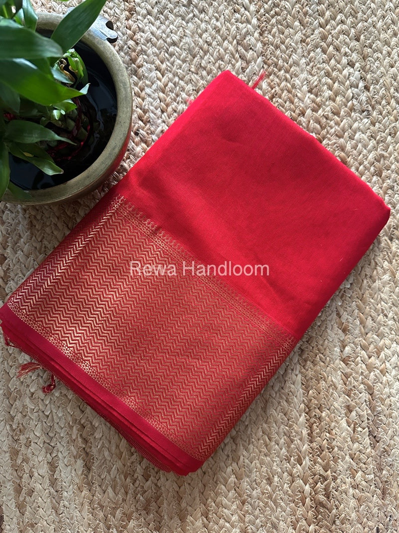 Maheshwari Red Zari Border Plain Saree ZS0105