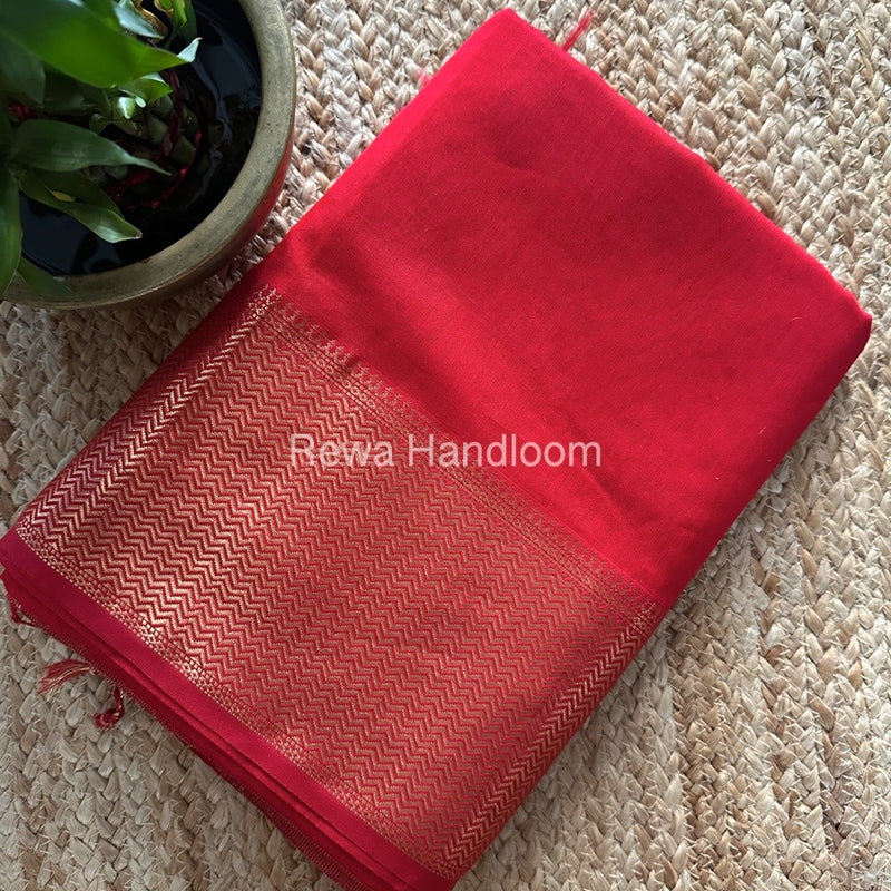 Maheshwari Red Zari Border Plain Saree ZS0105