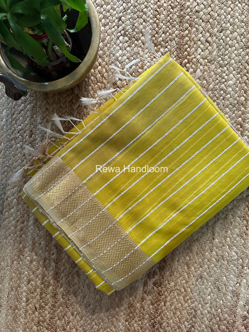 Maheshwari Lemon Yellow Gichha Thread Lining Saree GTLS003
