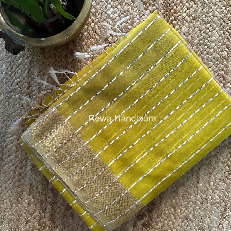 Maheshwari Lemon Yellow Gichha Thread Lining Saree GTLS003